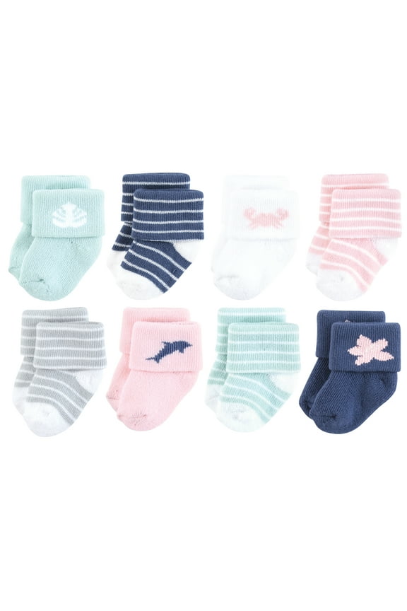 Infant Girl Cotton Rich Newborn and Terry Socks, Pink Dolphin, 0-6 Months