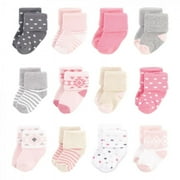 Hudson Baby Infant Girl Cotton Rich Newborn and Terry Socks, Pink Gray Aztec, 0-6 Months