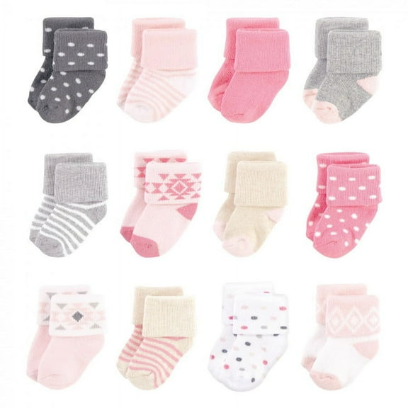 Hudson Baby Infant Girl Cotton Rich Newborn and Terry Socks, Pink Gray Aztec, 6-12 Months