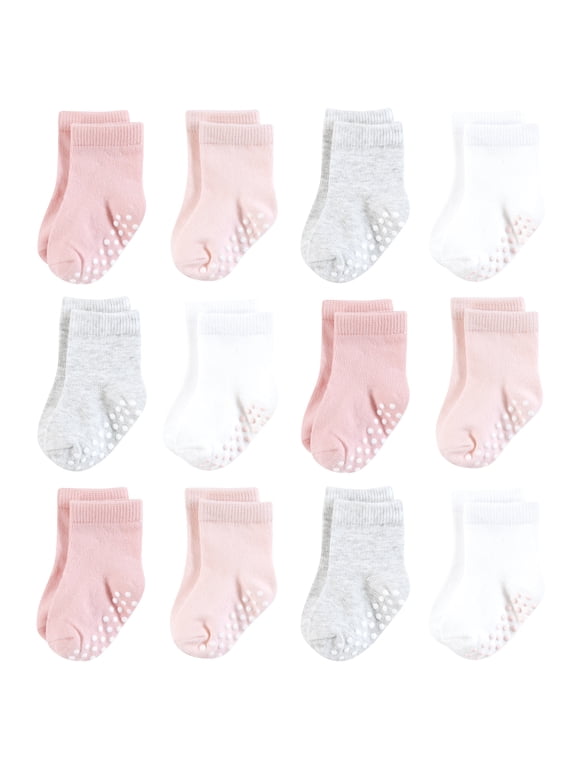 Infant Girl Cotton Rich Newborn and Terry Socks, Pink Gray Basic, 6-12 Months