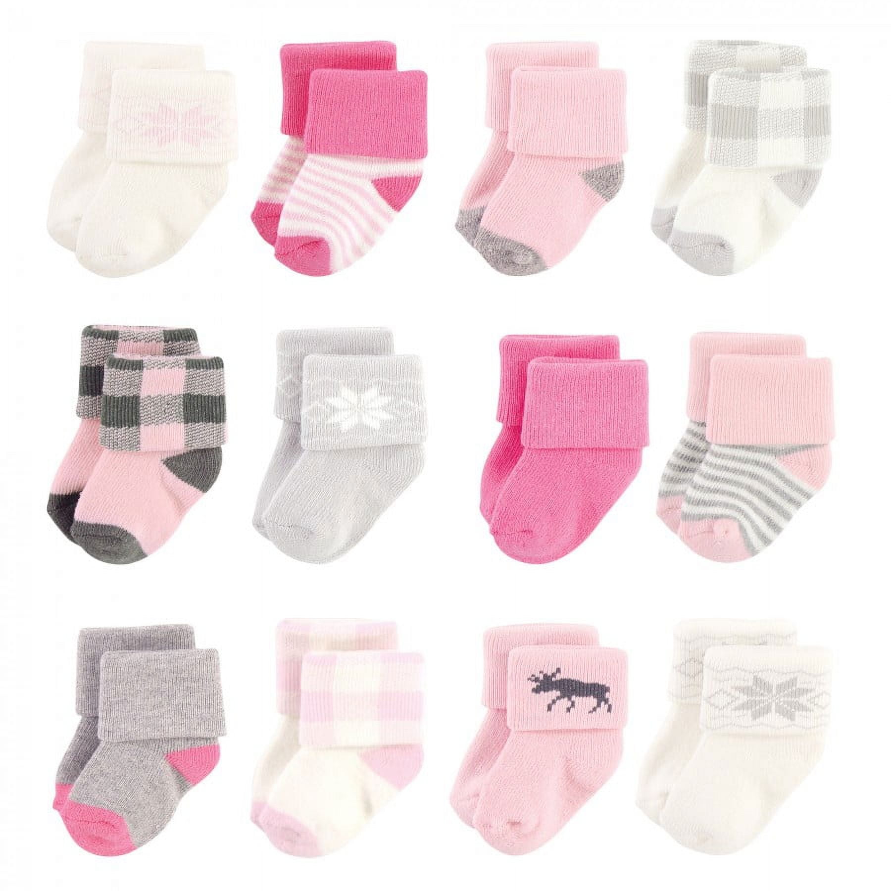 Hudson Baby Infant Girl Cotton Rich Newborn and Terry Socks, Pink Moose, 0-6 Months