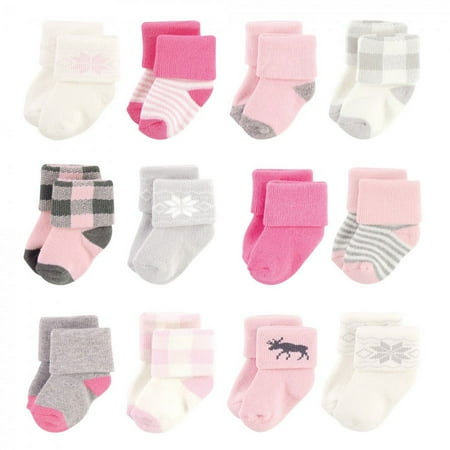 Hudson Baby Infant Girl Cotton Rich Newborn and Terry Socks, Pink Moose, 0-6 Months