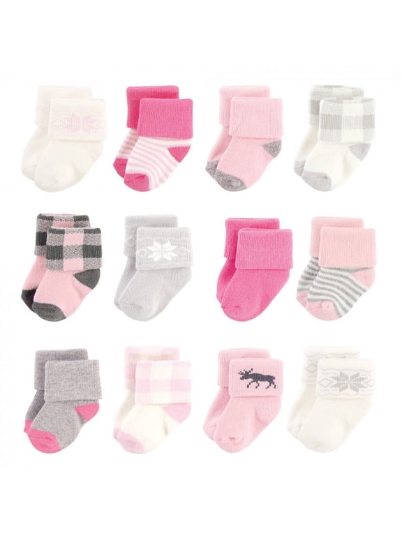 Infant Girl Cotton Rich Newborn and Terry Socks, Pink Moose, 0-6 Months