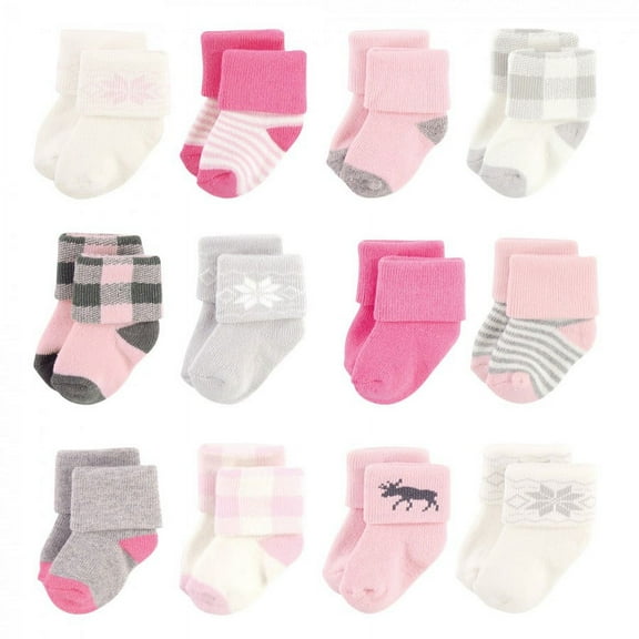 Hudson Baby Infant Girl Cotton Rich Newborn and Terry Socks, Pink Moose, 6-12 Months