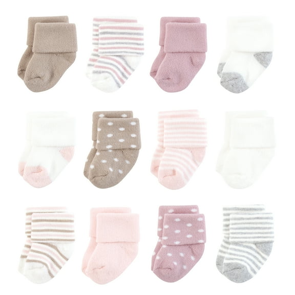 Hudson Baby Infant Girl Cotton Rich Newborn and Terry Socks, Soft Pink Dot Stripe, 6-12 Months