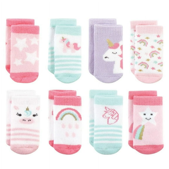 Hudson Baby Infant Girl Cotton Rich Newborn and Terry Socks, Unicorn 8-Pack, 0-6 Months