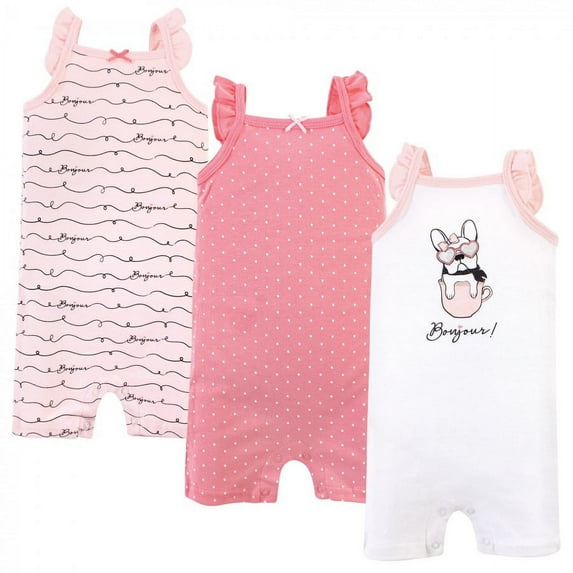 Hudson Baby Infant Girl Cotton Rompers 3pk, Bonjour, 12-18 Months