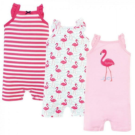 Hudson Baby Infant Girl Cotton Rompers 3pk, Bright Flamingo, 0-3 Months