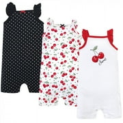 Hudson Baby Infant Girl Cotton Rompers 3pk, Cherries, 9-12 Months