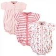 thumbnail image 1 of Hudson Baby Infant Girl Cotton Rompers 3pk, Coral Flamingo, 0-3 Months, 1 of 4