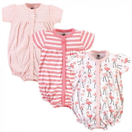 Hudson Baby Infant Girl Cotton Rompers 3pk, Coral Flamingo, 0-3 Months