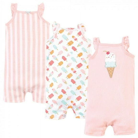 Hudson Baby Infant Girl Cotton Rompers 3pk, Ice Cream, 12-18 Months