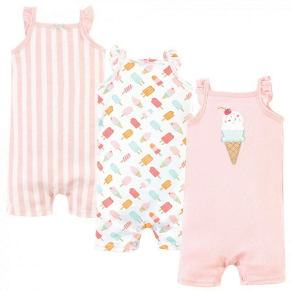 Hudson Baby Infant Girl Cotton Rompers 3pk, Ice Cream, 6-9 Months