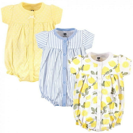 Hudson Baby Infant Girl Cotton Rompers 3pk, Lemon, 18-24 Months