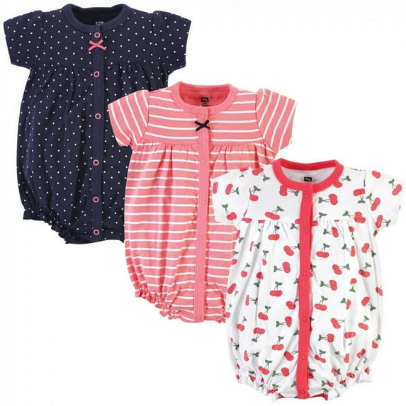 Hudson Baby Infant Girl Cotton Rompers 3pk, Little Cherries, 3-6 Months