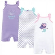 Hudson Baby Infant Girl Cotton Rompers 3pk, Mermaid, 0-3 Months