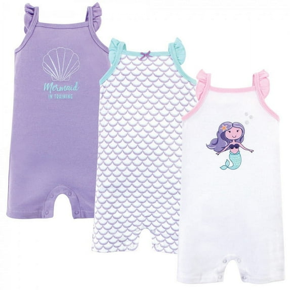 Hudson Baby Infant Girl Cotton Rompers 3pk, Mermaid, 6-9 Months