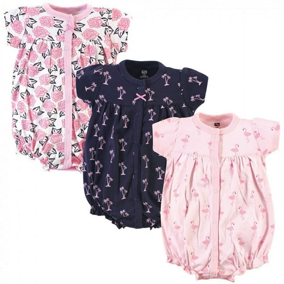 Hudson Baby Infant Girl Cotton Rompers 3pk, Pink Flamingo, 6-9 Months