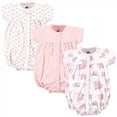 thumbnail image 1 of Hudson Baby Infant Girl Cotton Rompers 3pk, Pink Floral, 0-3 Months, 1 of 4