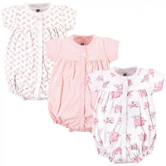 Hudson Baby Infant Girl Cotton Rompers 3pk, Pink Floral, 18-24 Months