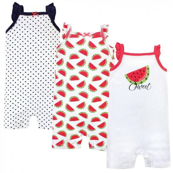 Hudson Baby Infant Girl Cotton Rompers 3pk, Watermelon, 0-3 Months