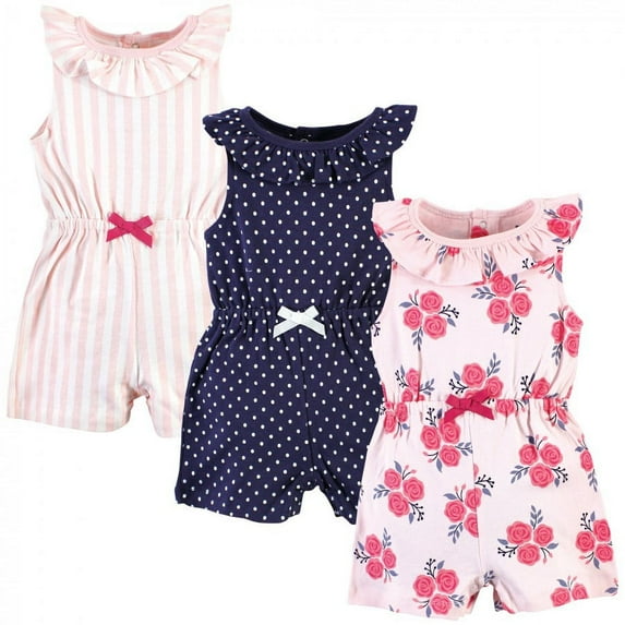 Hudson Baby Infant Girl Cotton Rompers, Pink Navy Roses, 12-18 Months