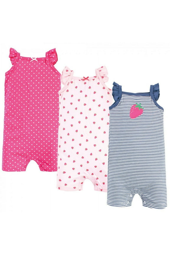 Infant Girl Cotton Rompers, Pink Strawberry, 0-3 Months