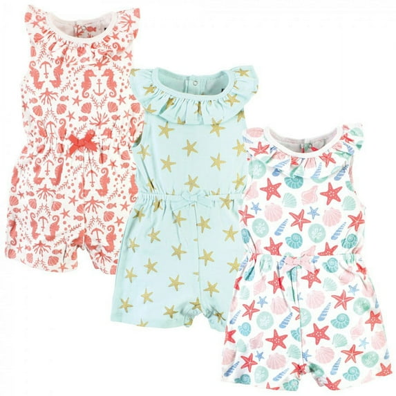 Hudson Baby Infant Girl Cotton Rompers, Sea Shells, 9-12 Months