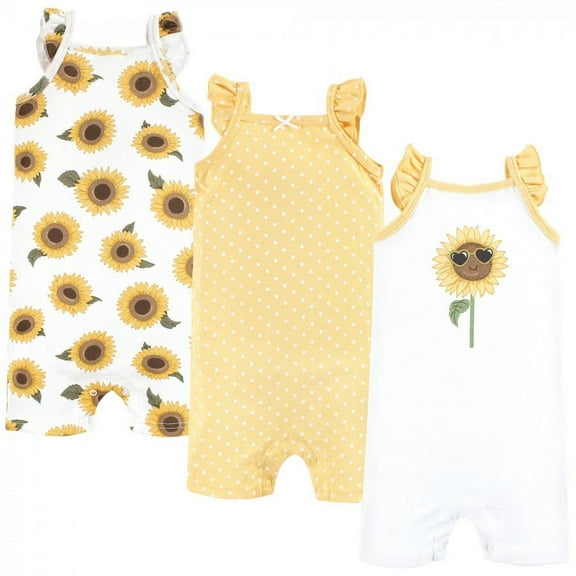 Hudson Baby Infant Girl Cotton Rompers, Sunflower, 3-6 Months