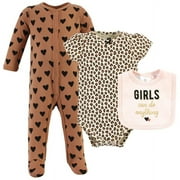 Hudson Baby Infant Girl Cotton Sleep and Play, Bodysuit and Bandana Bib Set, Cinnamon Hearts, 6-9 Months