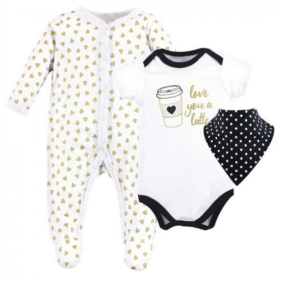 Hudson Baby Infant Girl Cotton Sleep and Play, Bodysuit and Bandana Bib Set, Latte, 6-9 Months
