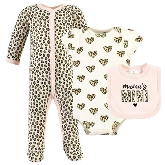 Hudson Baby Infant Girl Cotton Sleep and Play, Bodysuit and Bandana Bib Set, Leopard Hearts, 0-3 Months
