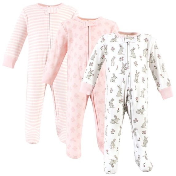 Hudson Baby Infant Girl Cotton Sleep and Play, Pink Bunny, 0-3 Months