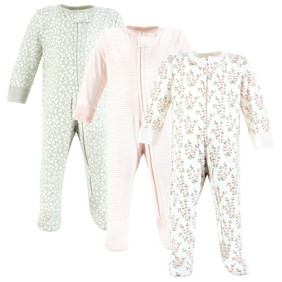 Hudson Baby Infant Girl Cotton Sleep and Play, Pink Sage Florals, 6-9 Months