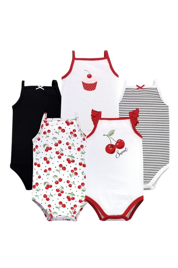 Infant Girl Cotton Sleeveless Bodysuits 5pk, Cherries, 3-6 Months