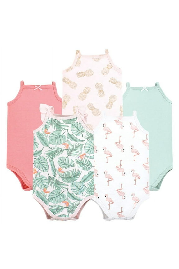 Infant Girl Cotton Sleeveless Bodysuits, Palm Flamingo, 0-3 Months