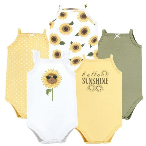 Hudson Baby Infant Girl Cotton Sleeveless Bodysuits, Sunflower, 9-12 Months