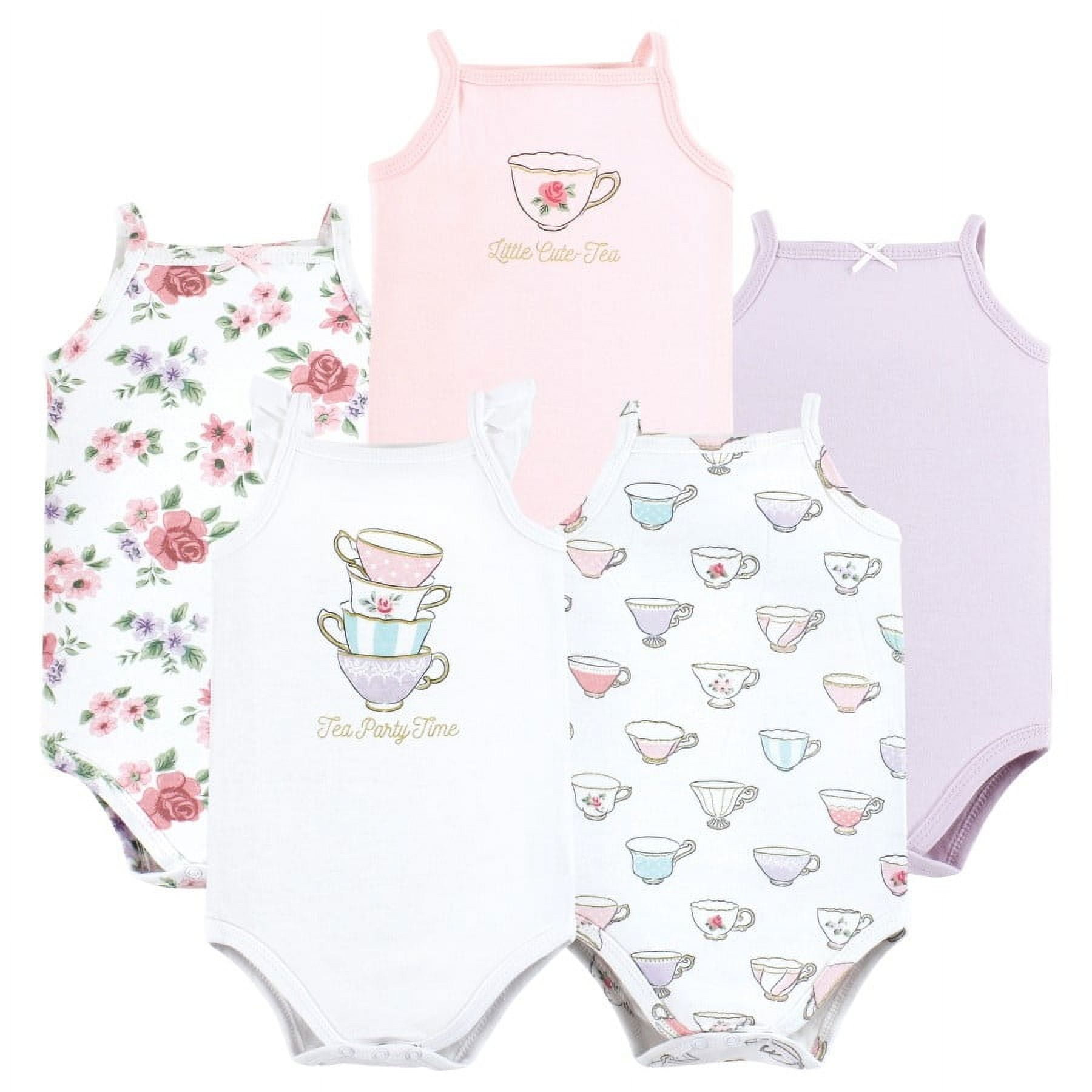 Hudson Baby Infant Girl Cotton Sleeveless Bodysuits, Tea Party, 12-18 Months