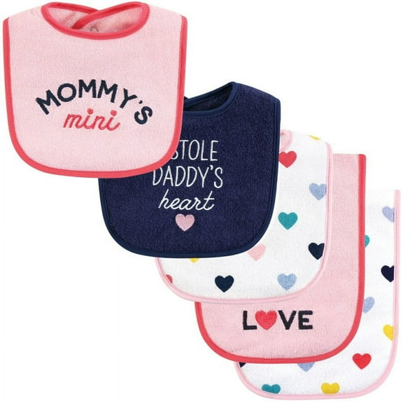 Hudson Baby Infant Girl Cotton Terry Bib and Burp Cloth Set, Bold Mom Dad, One Size