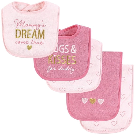Hudson Baby Infant Girl Cotton Terry Bib and Burp Cloth Set, Mom Dad Dream, One Size, 5- Piece