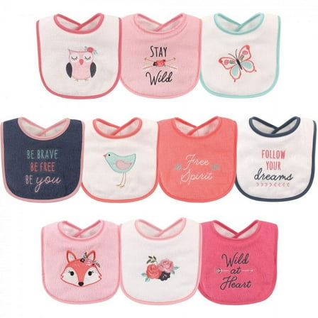 Hudson Baby Infant Girl Cotton Terry Drooler Bibs with Fiber Filling 10pk, Girl Fox, One Size