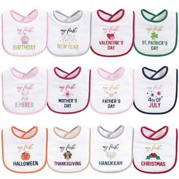 Hudson Baby Infant Girl Cotton Terry Drooler Bibs with Fiber Filling 12pk, Girl Holiday