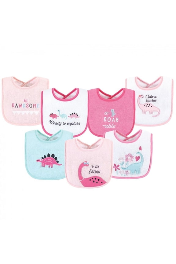 Infant Girl Cotton Terry Drooler Bibs with Fiber Filling, Girl Dino, One Size