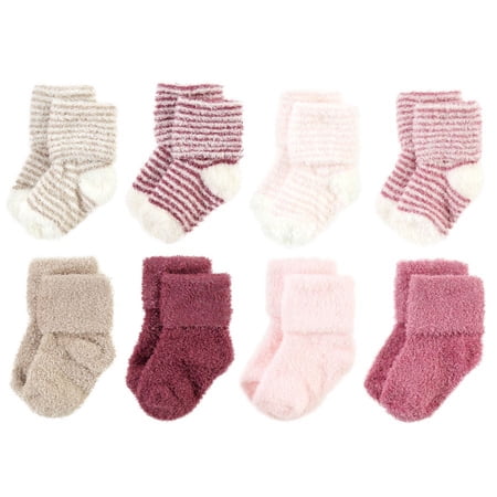 Hudson Baby Infant Girl Cozy Chenille Newborn and Terry Socks, Blush Pink Stripe, 12-24 Months