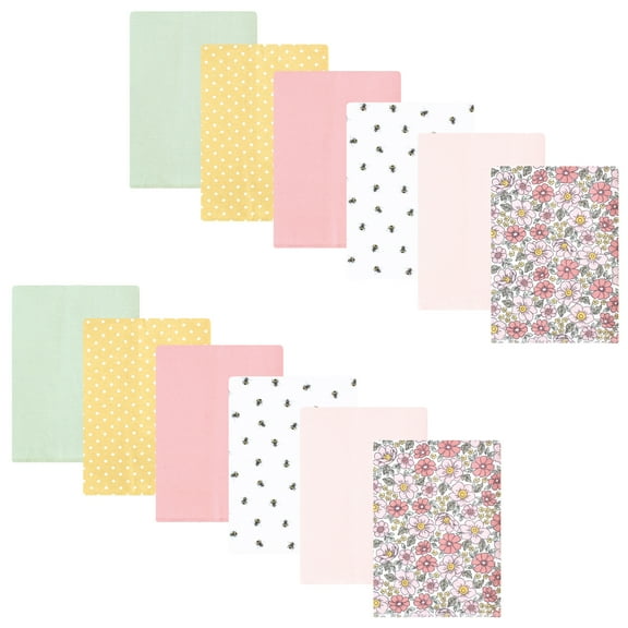 Hudson Baby Infant Girl Flannel Burp Cloth 12pk, Pink Yellow Pretty Floral, One Size