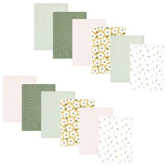 Hudson Baby Infant Girl Flannel Burp Cloth 12pk, Sage Floral, One Size