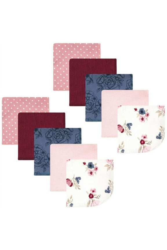Infant Girl Flannel Cotton Washcloths, Dusty Rose Floral 10 Pack, One Size