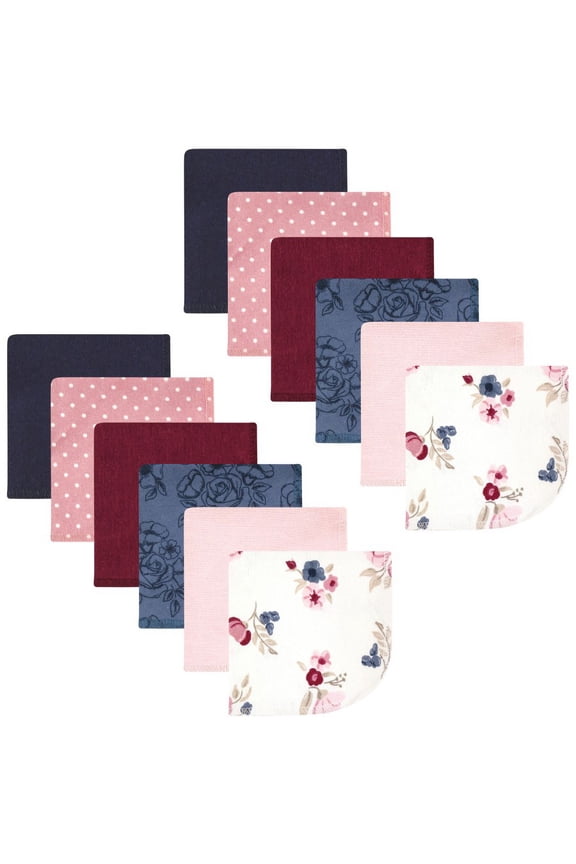 Infant Girl Flannel Cotton Washcloths, Dusty Rose Floral 12 Pack, One Size