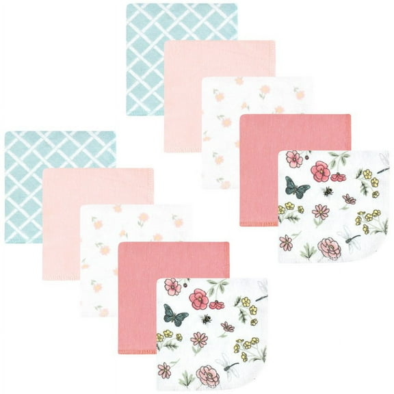 Hudson Baby Infant Girl Flannel Cotton Washcloths, Hummingbird Garden 10 Pack, One Size