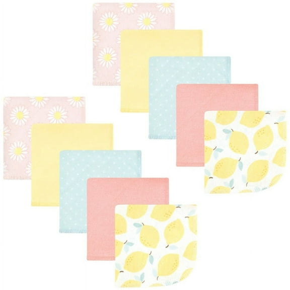 Hudson Baby Infant Girl Flannel Cotton Washcloths, Lemon Daisy 10 Pack, One Size